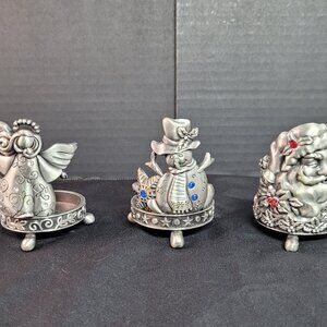 Home for the Holidays 3 Pewter Candle Holders Angel Santa Snowman Set Christmas